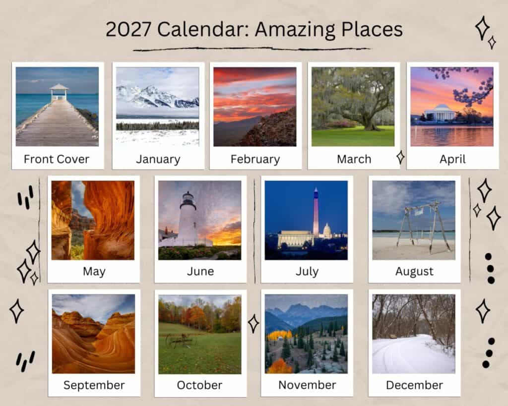Calendar layout titled 2027 Amazing Places with 12 month photo cards (Front Cover, January–December).